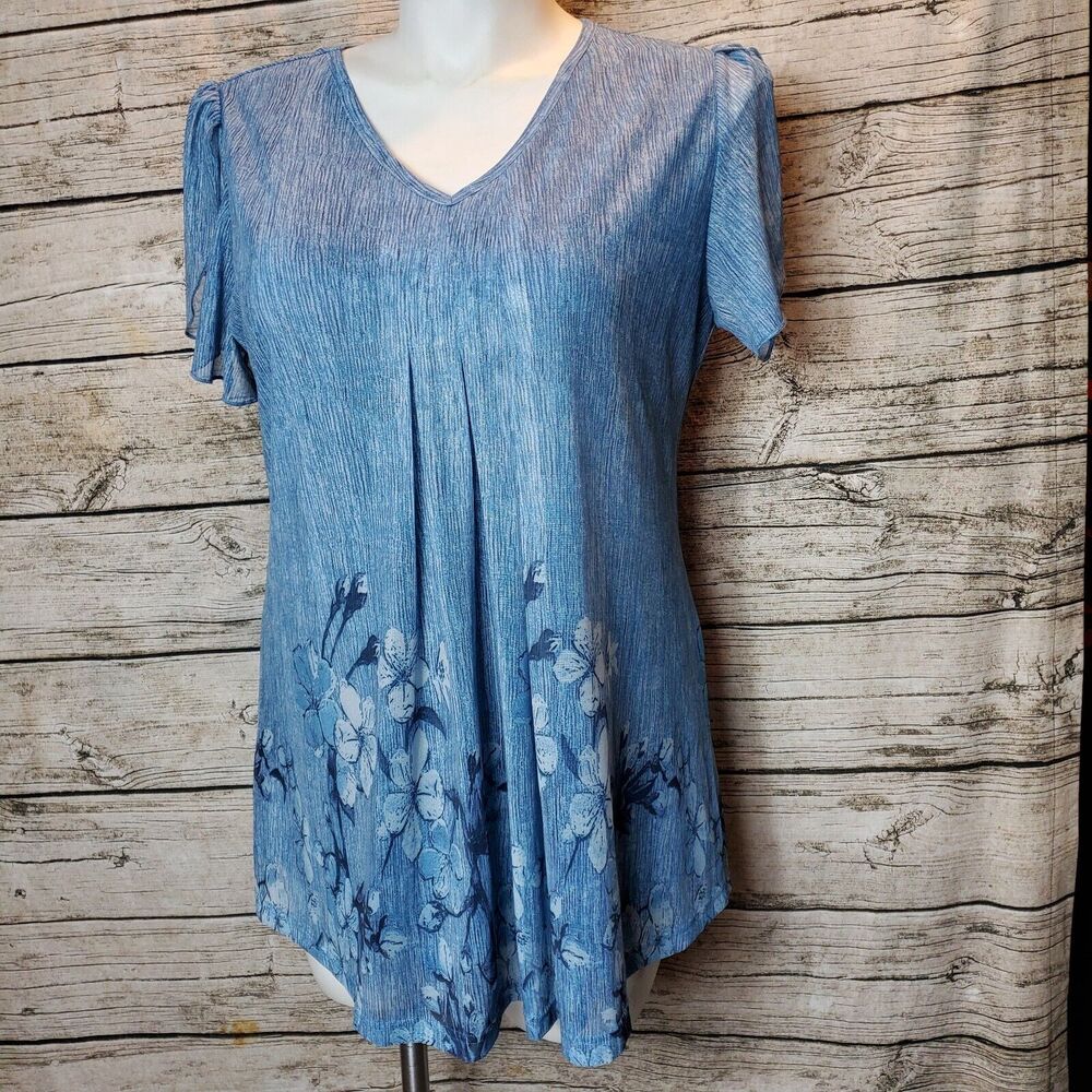 VALOLIA Blue floral Top Short Sleeve Shirt V Neck Blouse Size XXL